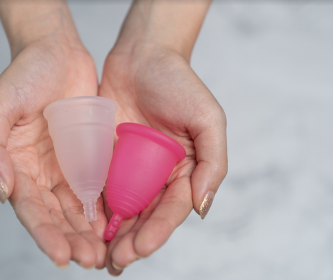 a photo of someone’s hands holding two reusable menstrual products called menstrual cups.