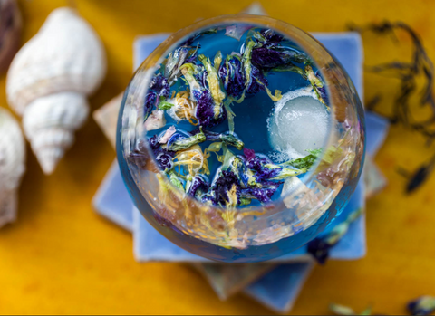 Butterfly Pea Flowers, blue in colour, in a drink