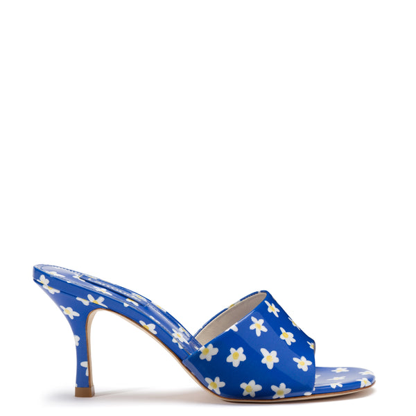 Colette Mid Heel Mule In Blue Floral Patent Leather | Larroude Premium ...