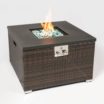 32inch Outdoor Gas Fire Pit with Glass Rocks in Mixing Colors and Metal Cover Lid and Waterproof Rain Cover