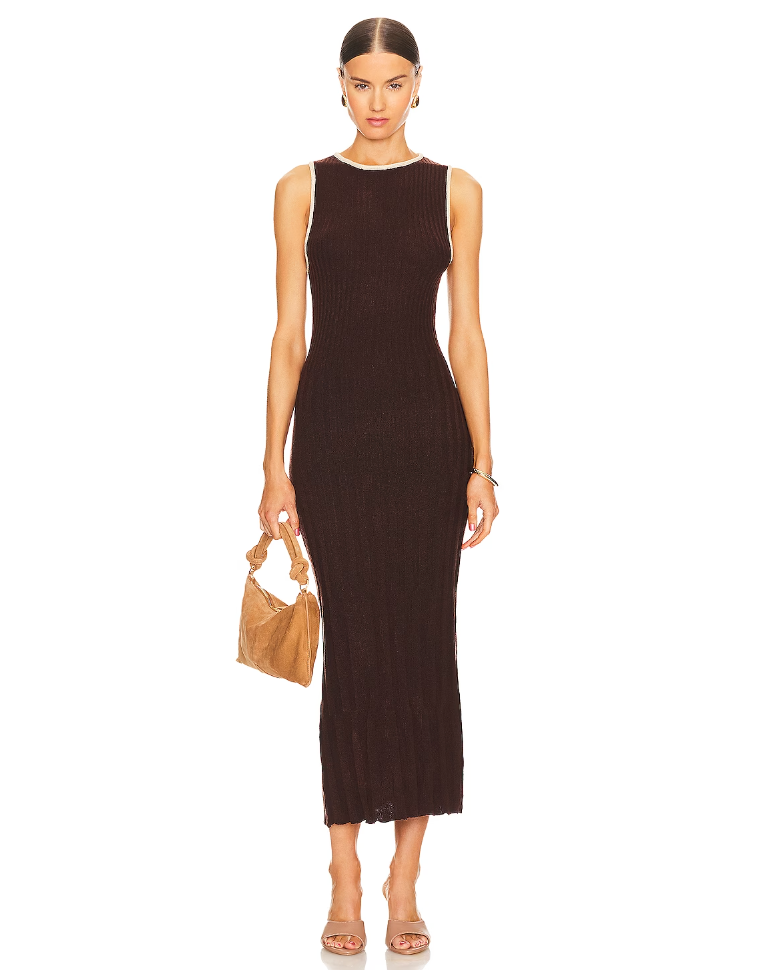 chic brown knit midi dress for travel