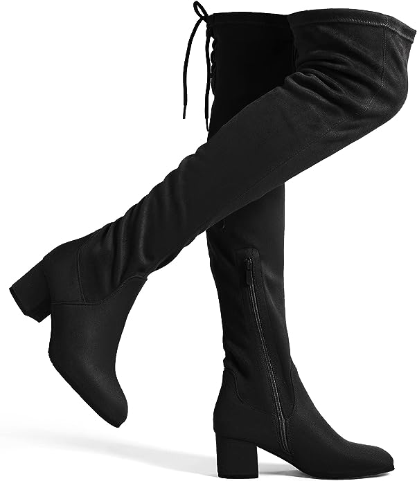 Black Faux Leather Block Heel Over The Knee Thigh High Boots – FloralKini