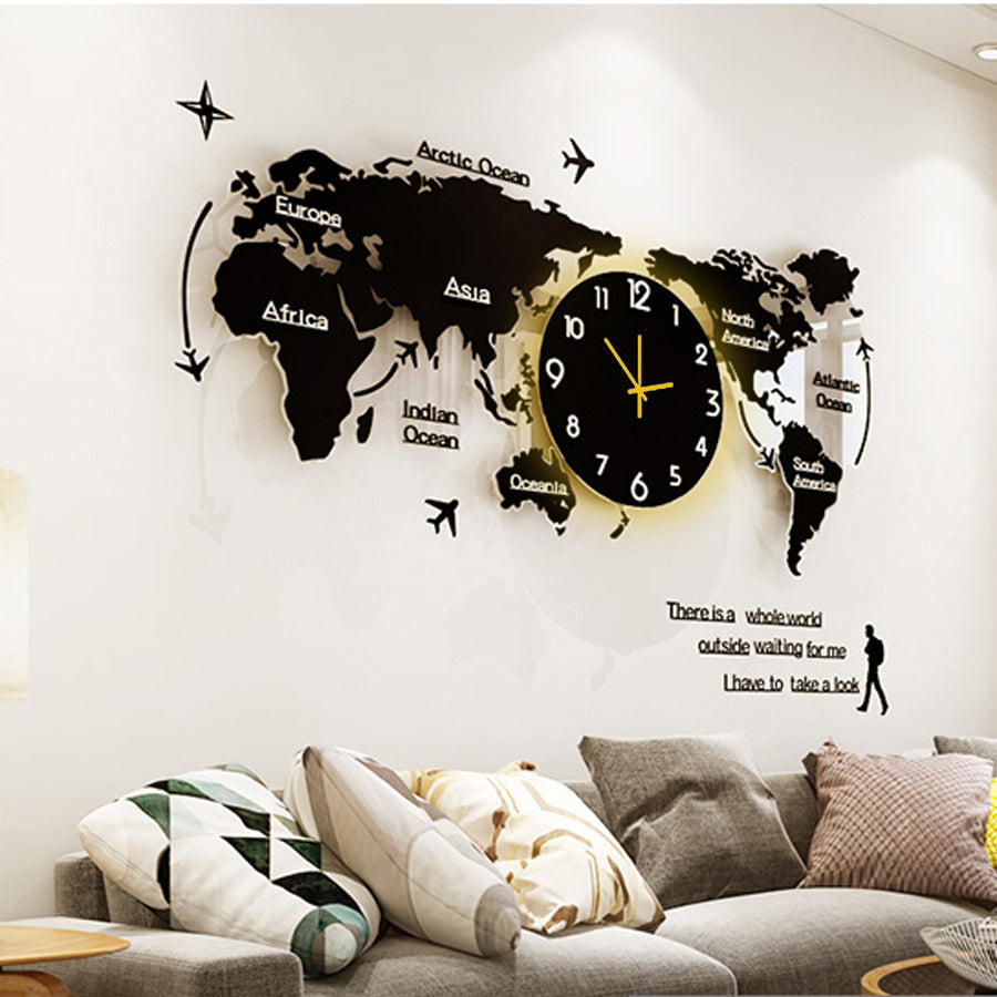 Wood World Map Wall Clock With Led Light Detrend Store