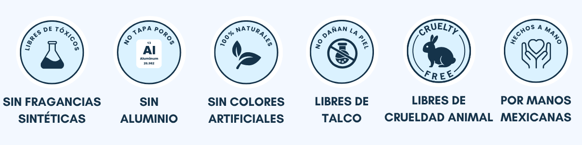 Imagen con texto que dice sin fragancias sintéticas, sin aluminio, libre de talco, sin colores artificiales, libre de crueldad animal
