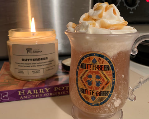 Butterbeer cocktail and butterbeer candle