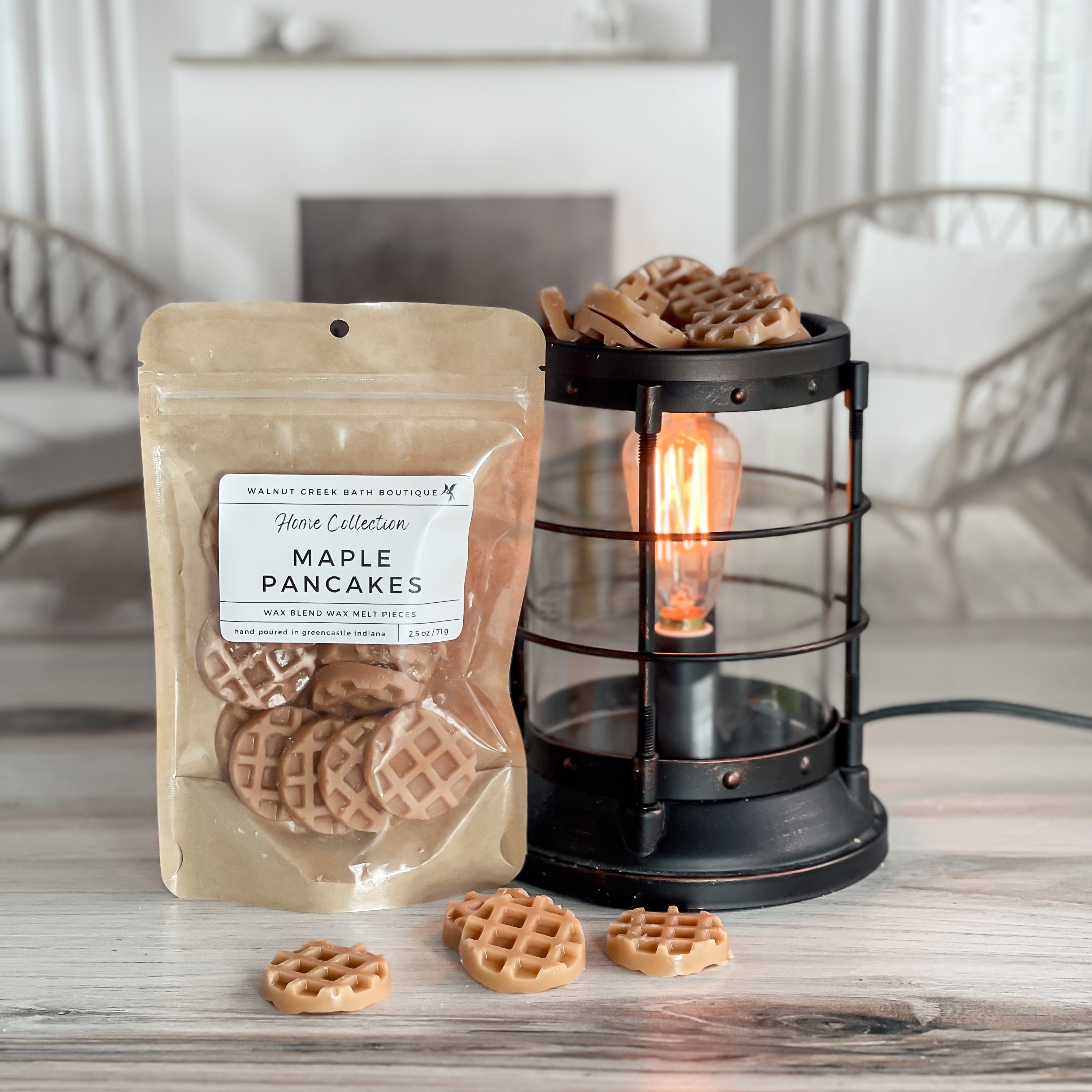 “Maple Pancakes wax melts by Walnut Creek Bath Boutique displayed with wax warmer in a cozy living room setting