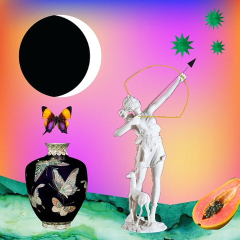 Virgo New Moon with statue, vase, butterfly, papaya against multicolor background