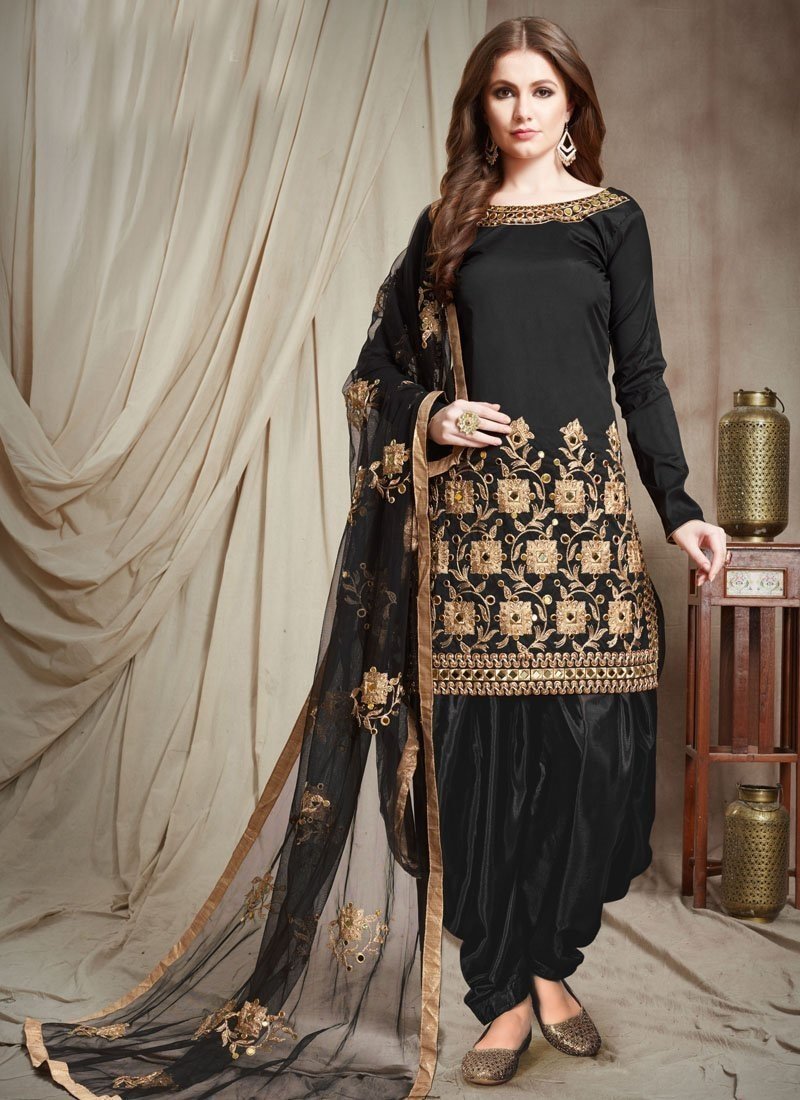 Black Tapeta silk Patiyala Dress Black Embroidery Work With Real ...
