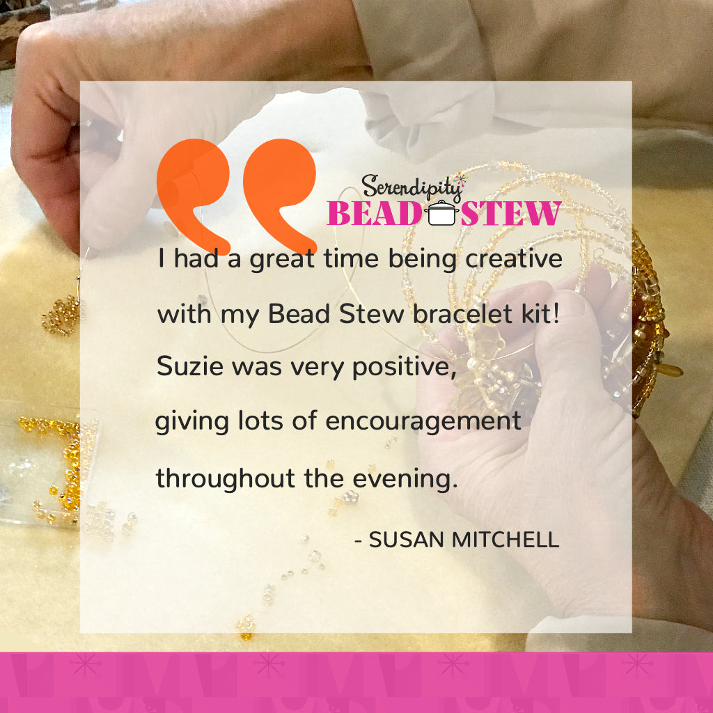 Suzie Q Studio is offering BEAD STEW jewelry-making class at various venues in Calgary using our Serendipity BEAD STEW jewelry-making kits. We'll also be offering Private Jewelry-Making Parties for all kinds of occasions: Birthday Parties, Bridal Showers, Christmas Get-togethers... Here is a customer review.