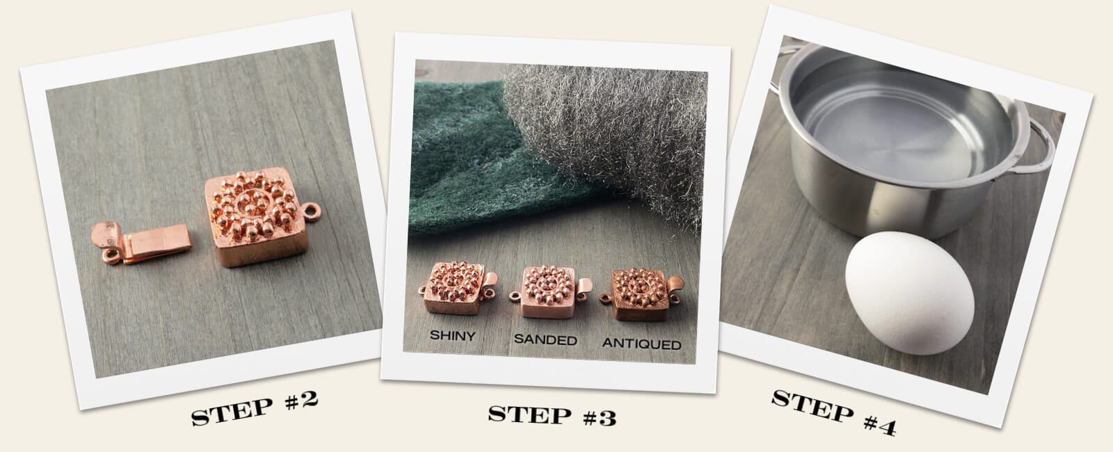 Learn an easy DIY technique to create an antique finish for Suzie Q Studio copper box clasps or other jewelry items, steps 2, 3 and 4.