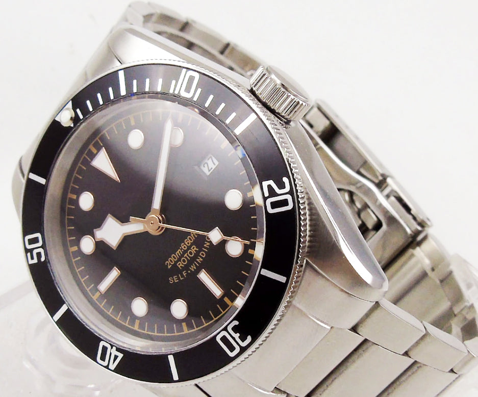 Classic Tudor Style Watch. Black Bezel. Automatic - LuxuryWatchStraps –  