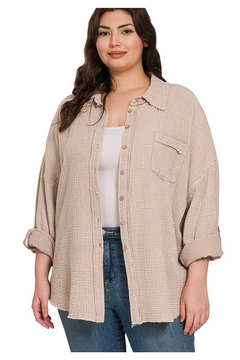 Curvy Washed Light Beige Shacket