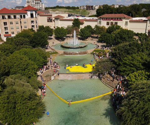 image of rubber ducks going down the fountain at the Rockwall Harbor.