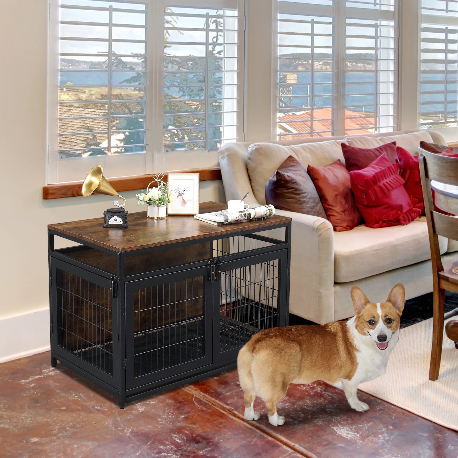 37.4 "Furniture Dog Cage, Super Sturdy Dog Cage, Dog Crate for Small/Medium Dogs, Three door and Three lock, Anti-chew Features, Pet Crate furniture, End Table Night Stand Indoor Use, Rustic Brown