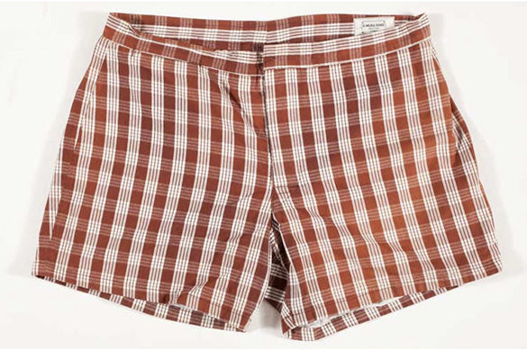 A pair of classic palaka shorts designed in Japan for the first surfers from Hawaii