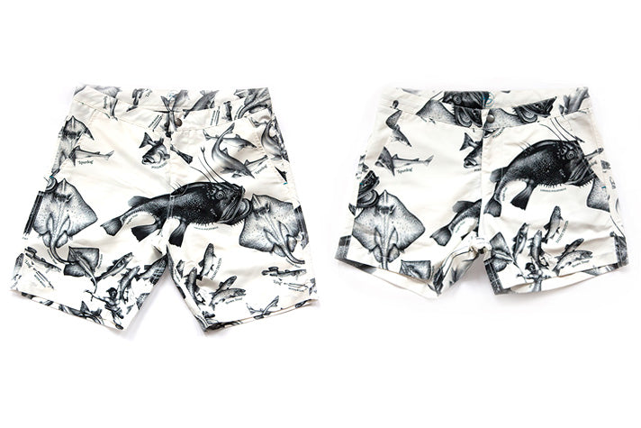 riz boardshorts braunton and buckler shorts in endangered fish print and chalk colour