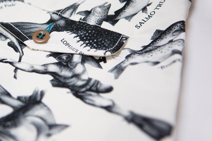 close up of riz boardshorts endangered fish print showing fish and a diver