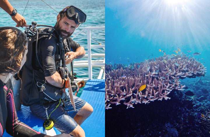 Lee prepares for a coral garden dive in a pair of Riz Braunton Polka Dot swim shorts