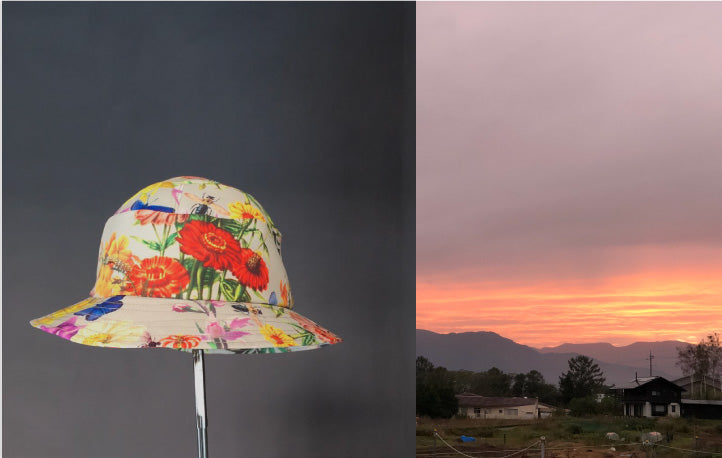 Riz floral print recycled polyester fabric as a Tel You sun hat