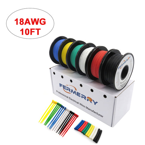 Fermerry 18 AWG Stranded Wire Spool 25ft Each 6 Colors Flexible 18 Gauge  Silicone Hook up Wire Kit Electrical Tinned Copper Wire (6 Colors 25FT  Each