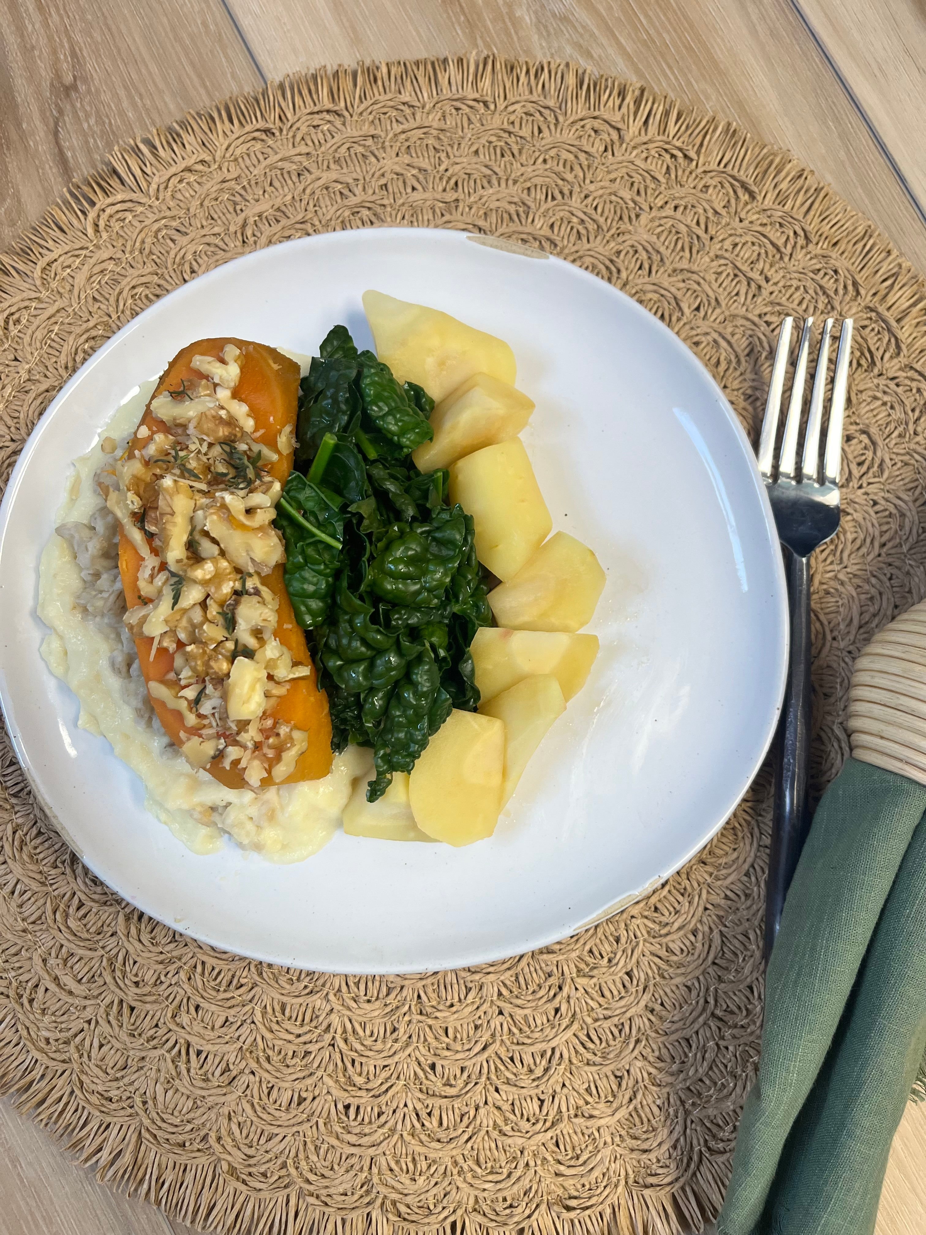 Roasted Sweet Potato Steak with Walnut, Barley, Parsnip and Kale