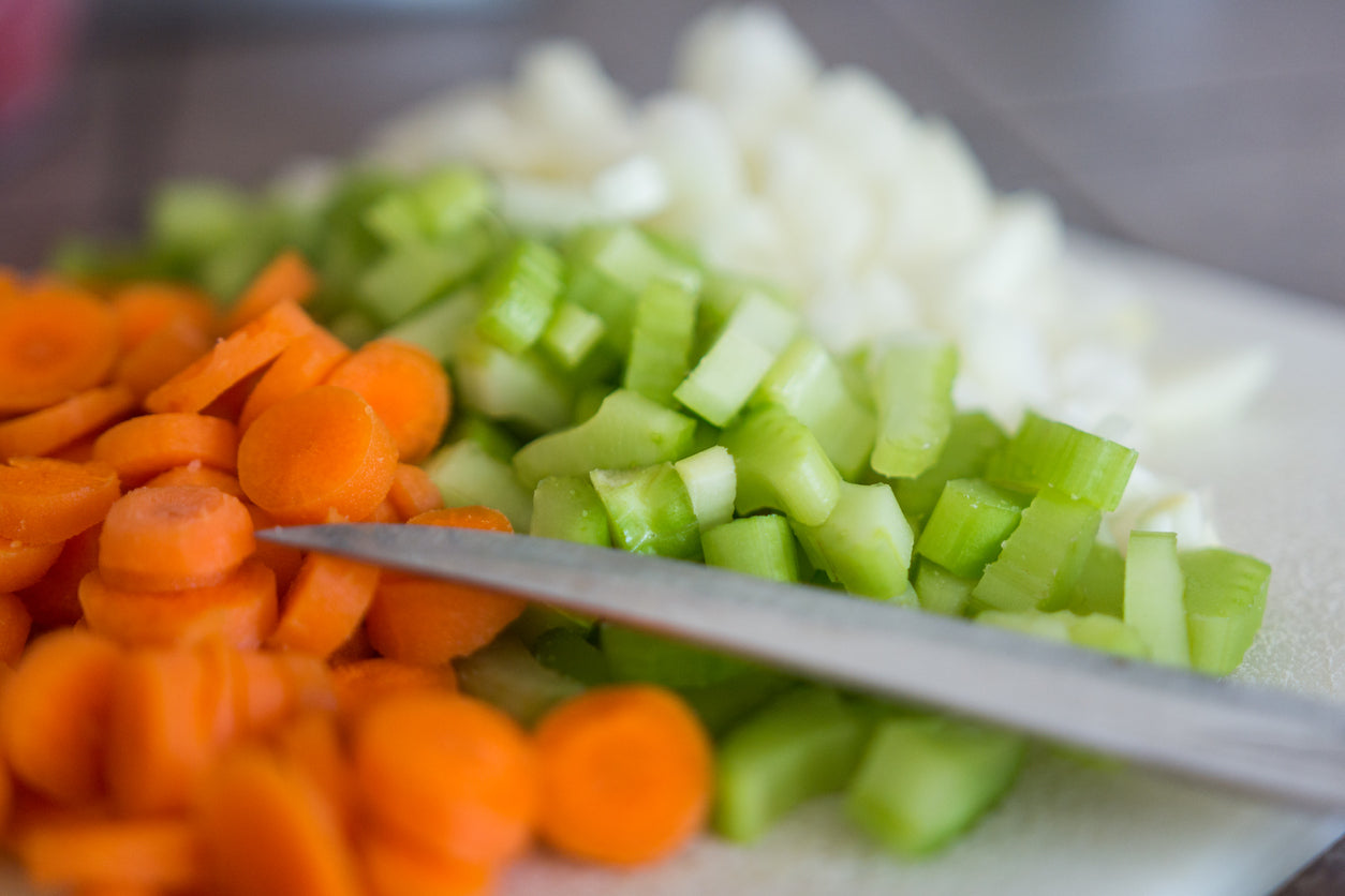 chopped onion, garlic, carrots, and celery.