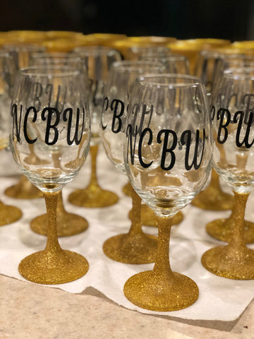 NCBW wine glasses with gold glitter painted stems
