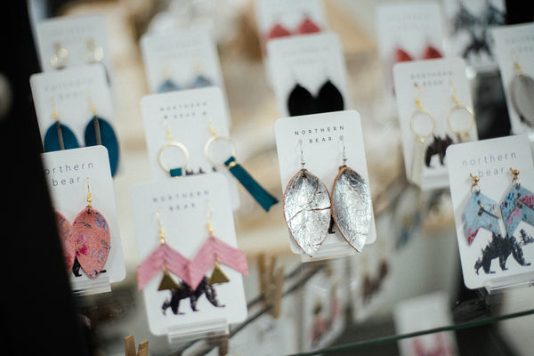 Northern Bear Jewelry handmade leather and metal earrings at Found Boutique, a boutique store in New Westminster, BC