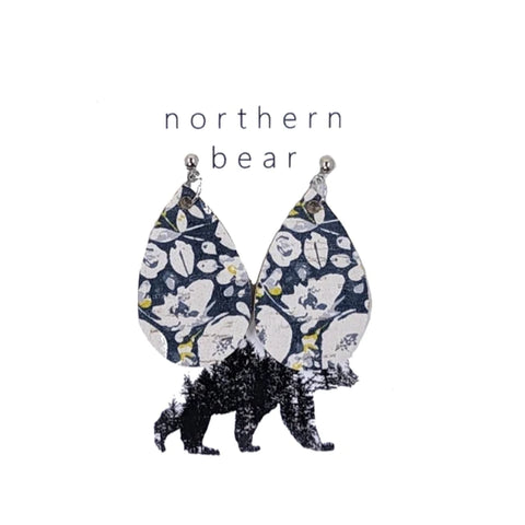 [Northern Bear] Georgia Navy Floral Leather Teardrop Stud Earrings