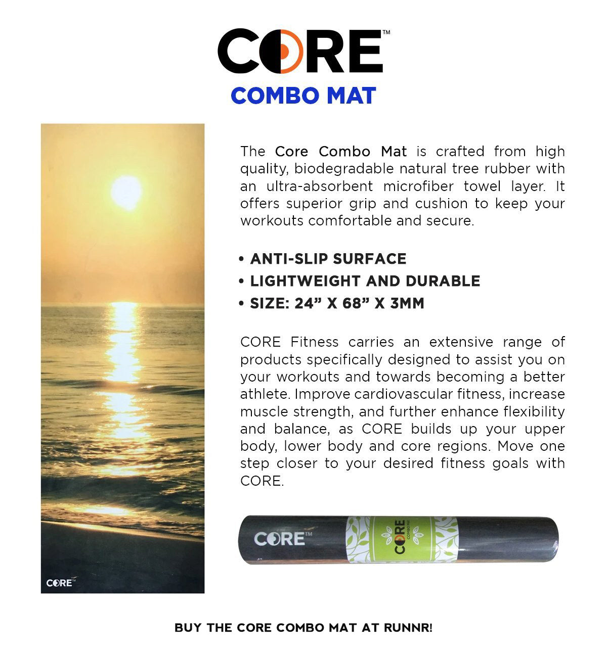 Core yoga mat is crafted from high quality, biodegradable natural tree rubber with an ultra-absorbent microfbiber layer