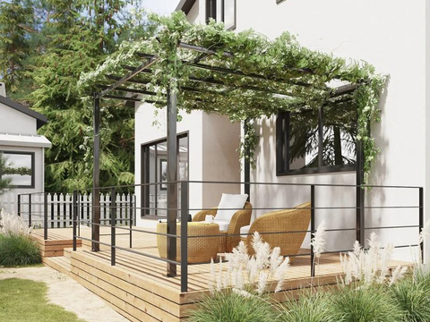 A pergola with vines growing around the frame and roof