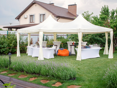 party tent set up in a garden