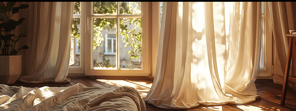 a sunlit bedroom showcasing deconovo curtains hanging flawlessly, embodying quality and durability in their elegant fabric and design.