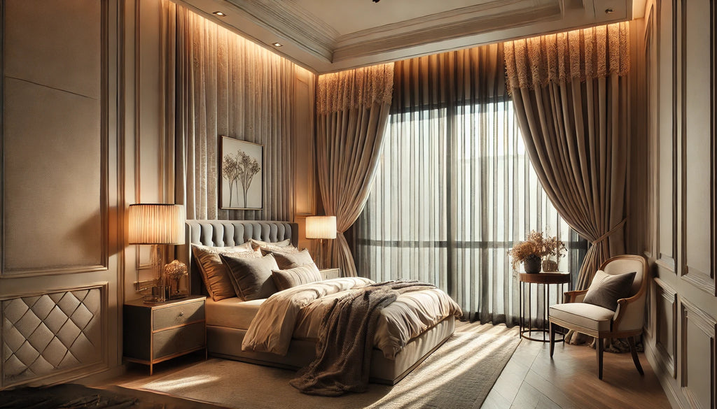 the bedroom with layered sheer and blackout curtains.