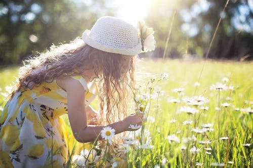 An older girl in a yellow dress and white sun hat in a meadow full of daisies