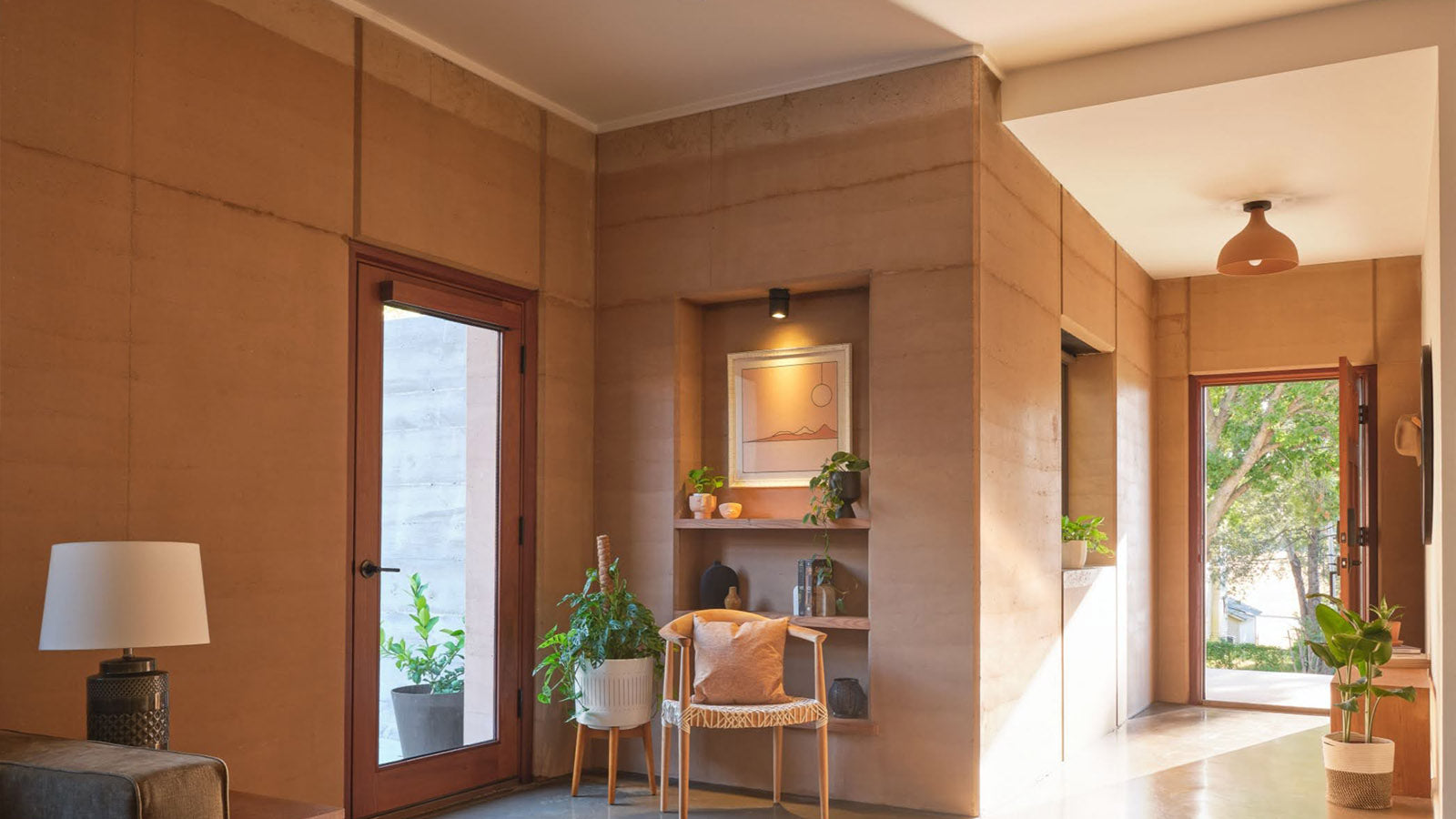 Interior walls of rammed earth structure