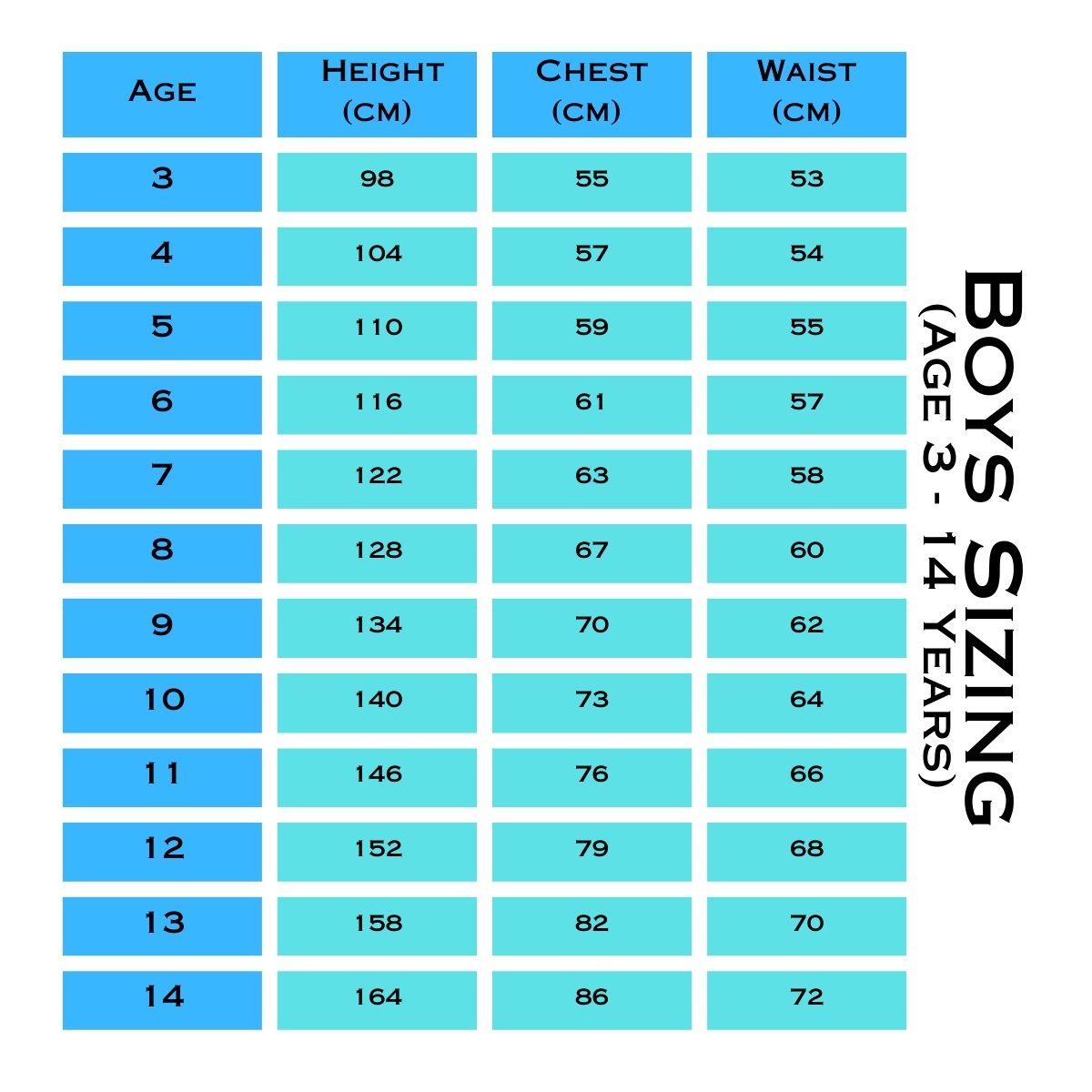 Boys Size Guide chart