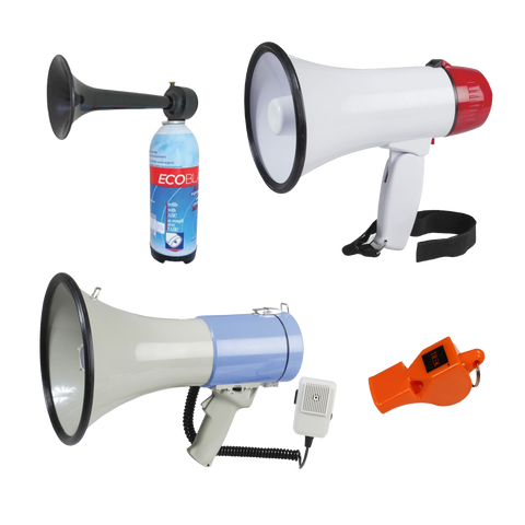 Range of Communication Equipment including Air horns Whistles and Megaphones