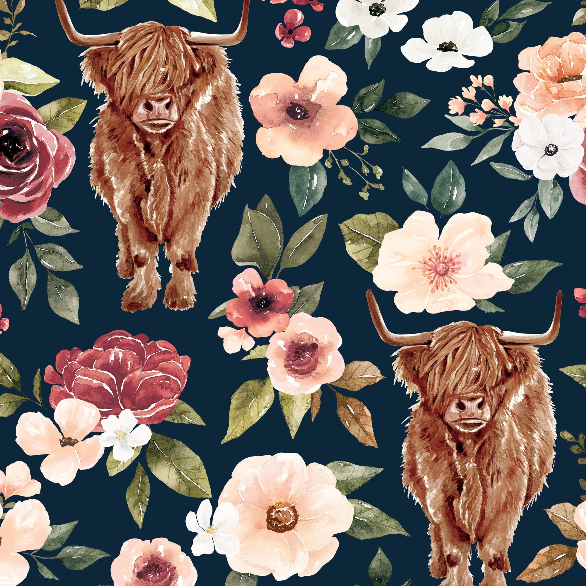 Highland Cow Floral on Cream Seamless Pattern