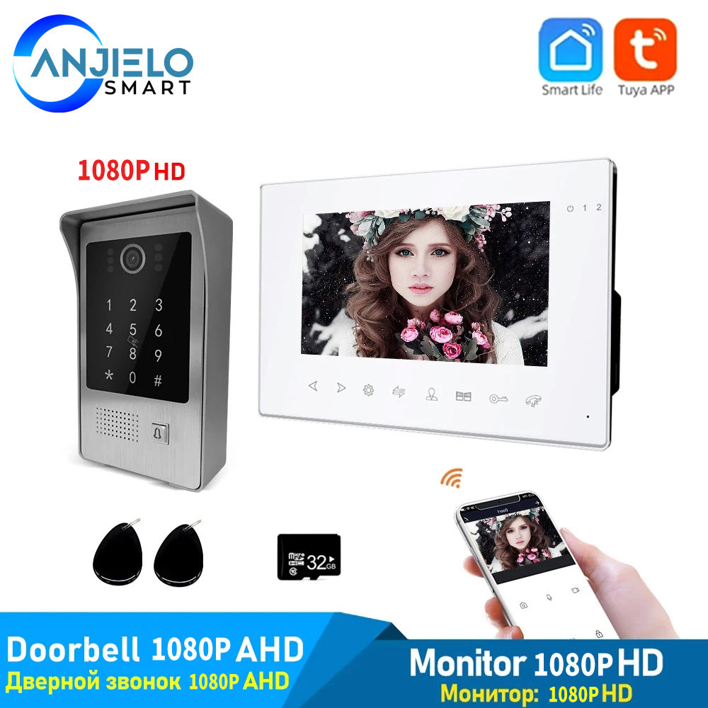 Tuya Smart Wifi 7'' 1080P Video Doorbell Intercom System for Home Security Motion Detection Password RFID Card App Remote Control