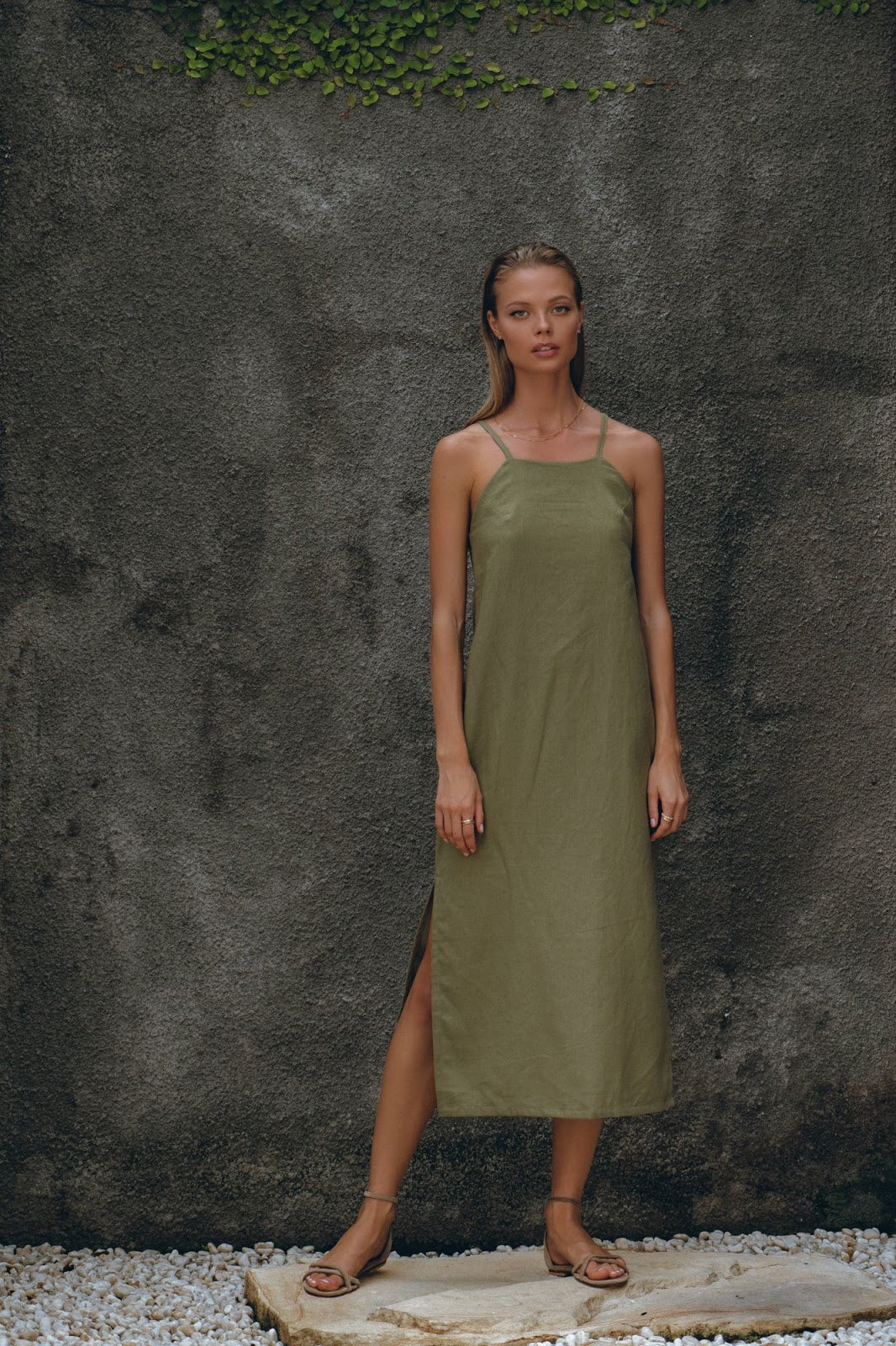 Linen Midi Dress in Olive