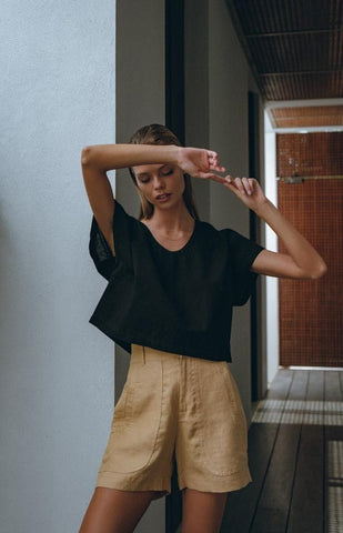 Relaxed Crop Shirt in Black + Tailored Linen Shorts in Nude