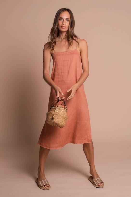 Linen Midi Dress in Burnt Orange