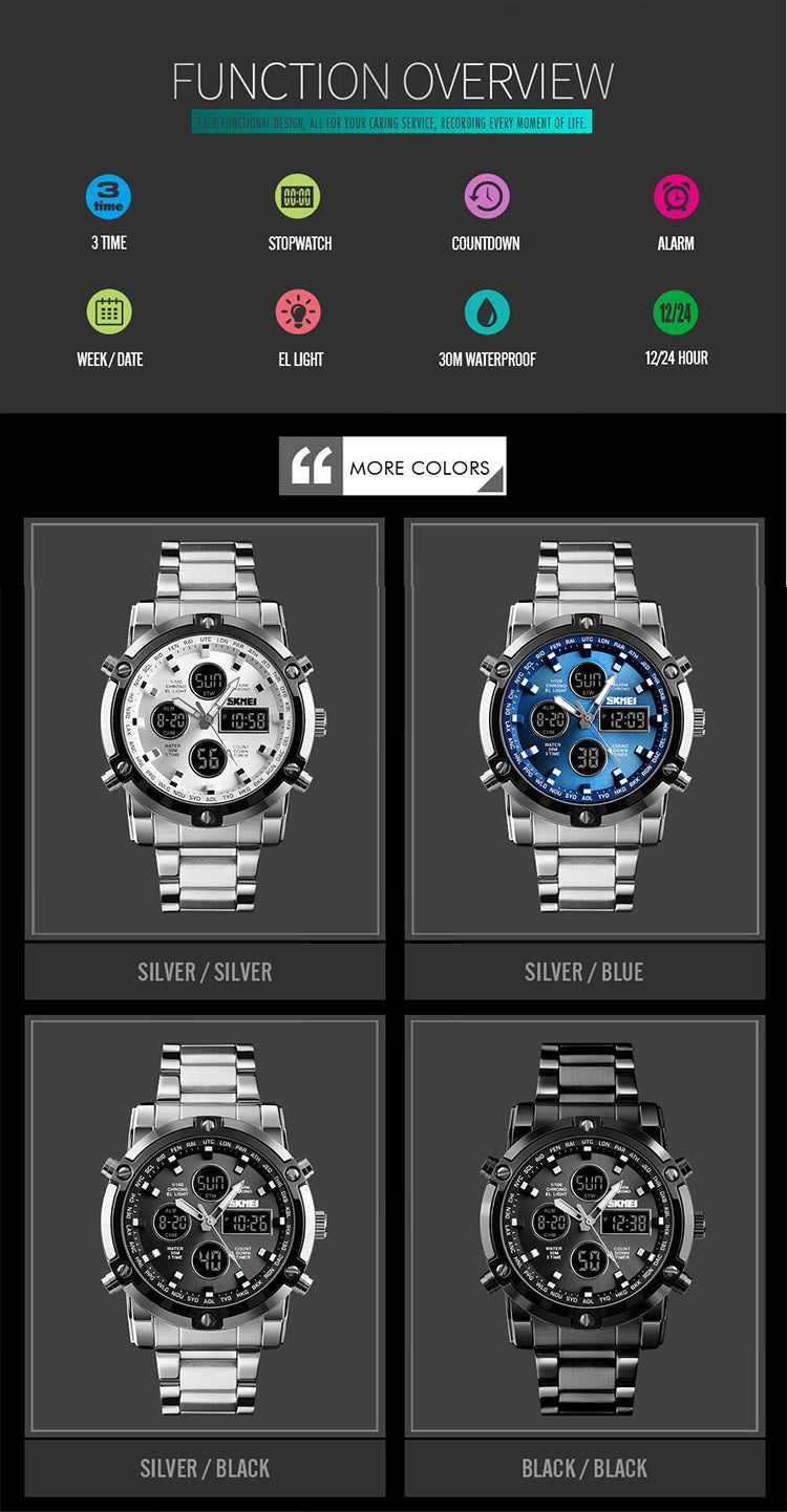 SKMEI 1389 Men‘s Stainless Steel Digital Watch 3Bar Waterproof
