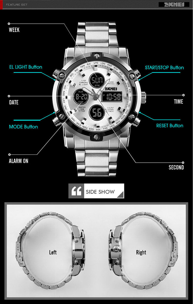 SKMEI 1389 Men‘s Stainless Steel Digital Watch 3Bar Waterproof