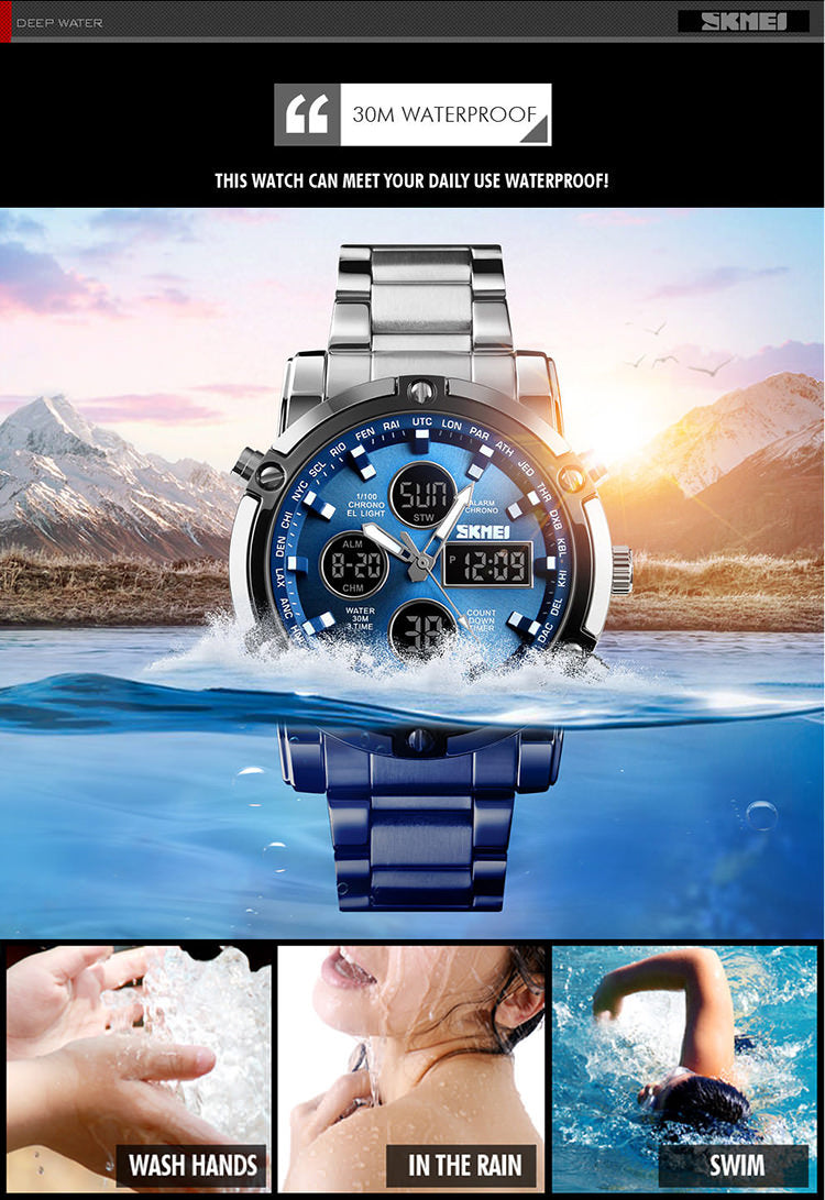 SKMEI 1389 Reloj digital de acero inoxidable para hombre 3Bar resistente al agua