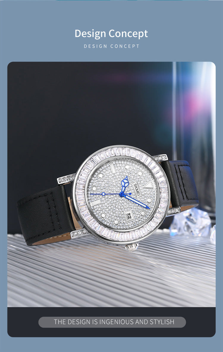 SKMEI 1953 Elegante pulsera de reloj con diamantes de imitación para mujer con correa de cuero PU