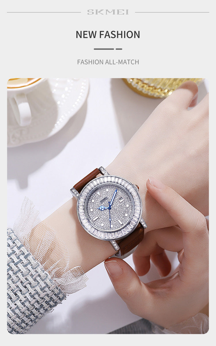 SKMEI 1953 Elegante pulsera de reloj con diamantes de imitación para mujer con correa de cuero PU