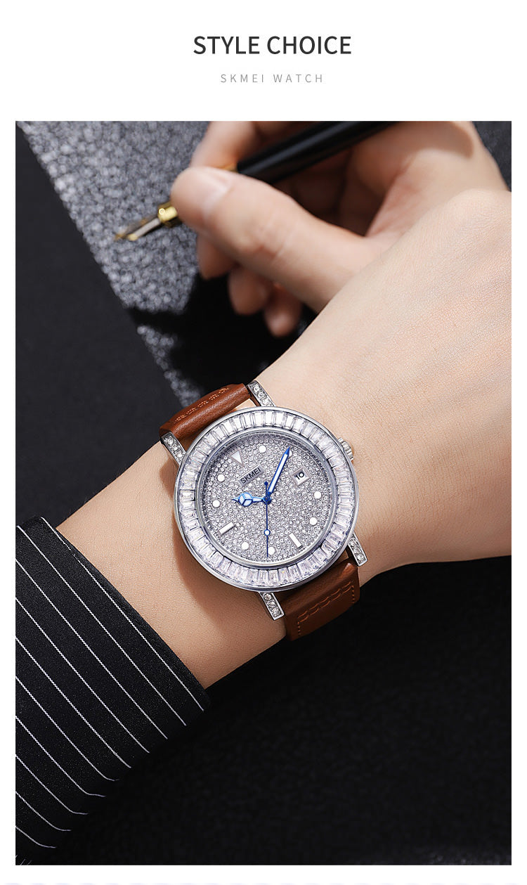 SKMEI 1953 Elegante pulsera de reloj con diamantes de imitación para mujer con correa de cuero PU