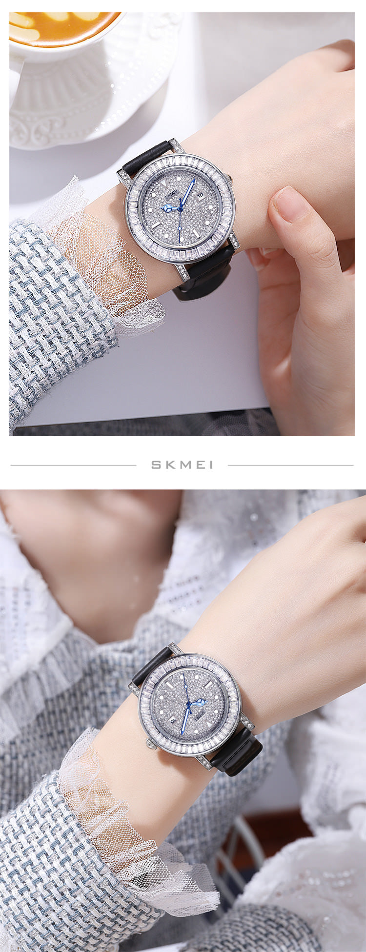 SKMEI 1953 Stylish Rhinestone Watch Bracelet for Women w/ PU Leather Strap